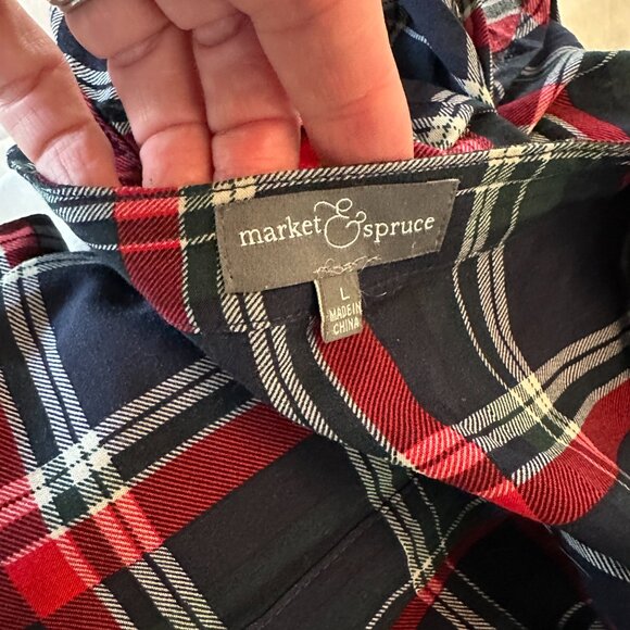 Market & Spruce Women’s Large Plaid Rayon Tunic Top Navy Red Long Sleeve - Picture 6 of 7